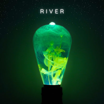 A decorative light bulb with green fluid inside, creating a visual effect resembling a river. The word 'RIVER' is displayed at the top in bold letters.