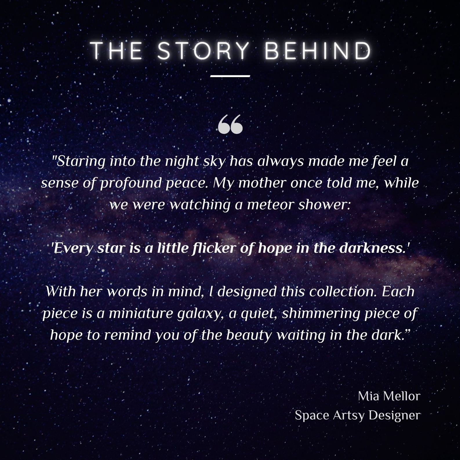 Starry night sky with text about hope and design inspiration from a meteor shower.