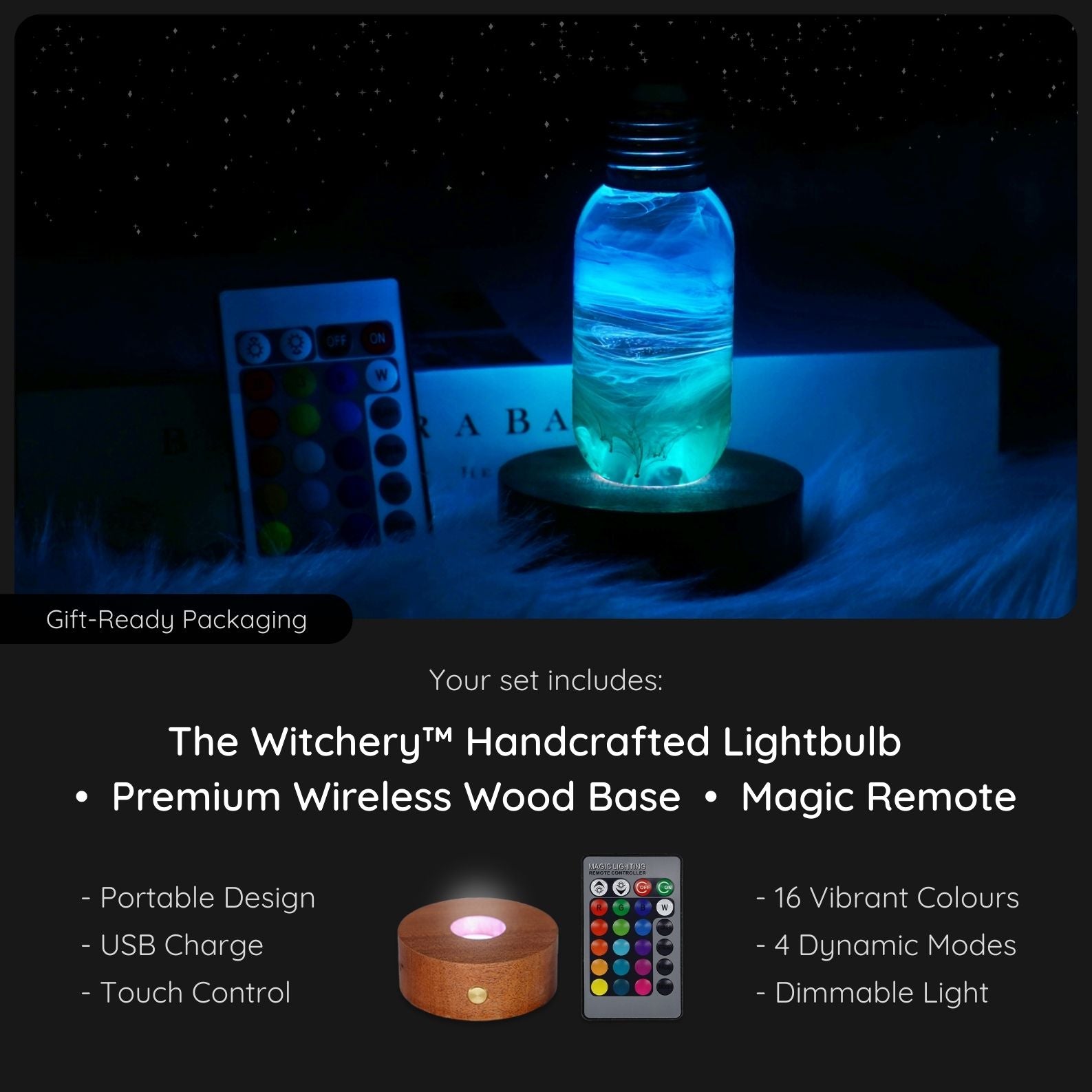 Handcrafted lightbulb with blue glow on a dark background, featuring packaging and product details.