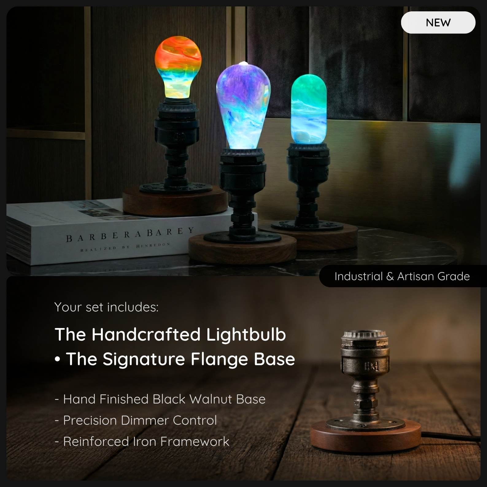 Set of handcrafted lightbulbs with a dark background and text detailing product features.