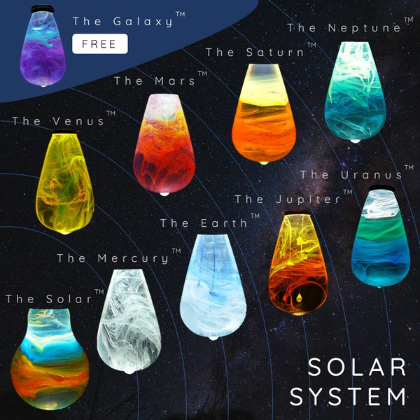 A collection of artistic representations of the Solar System, with each planet visually stylized and colored differently, set against a dark background with 'SOLAR SYSTEM' text.